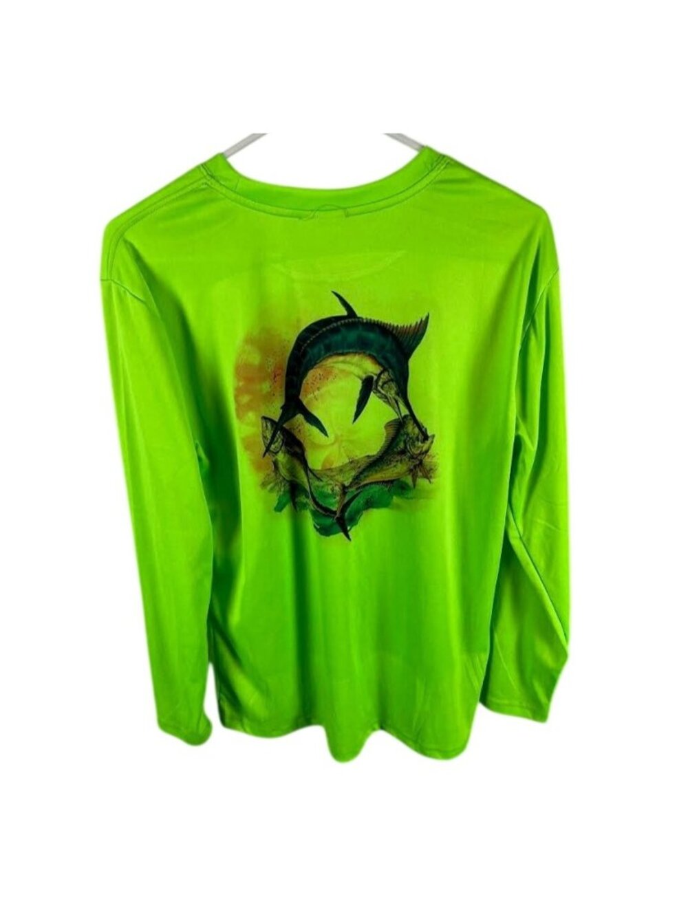 Mens Neon Green Marlin Fish Graphic Long Sleeve Shirt Sea Theme XL